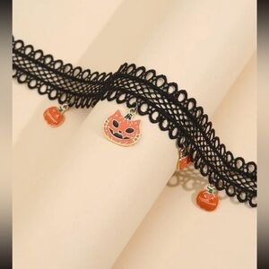 🎃 Super Adorable Pumpkin Cat Jack-o-lantern Pumpkins Pendant Lace Choker 🐈‍⬛